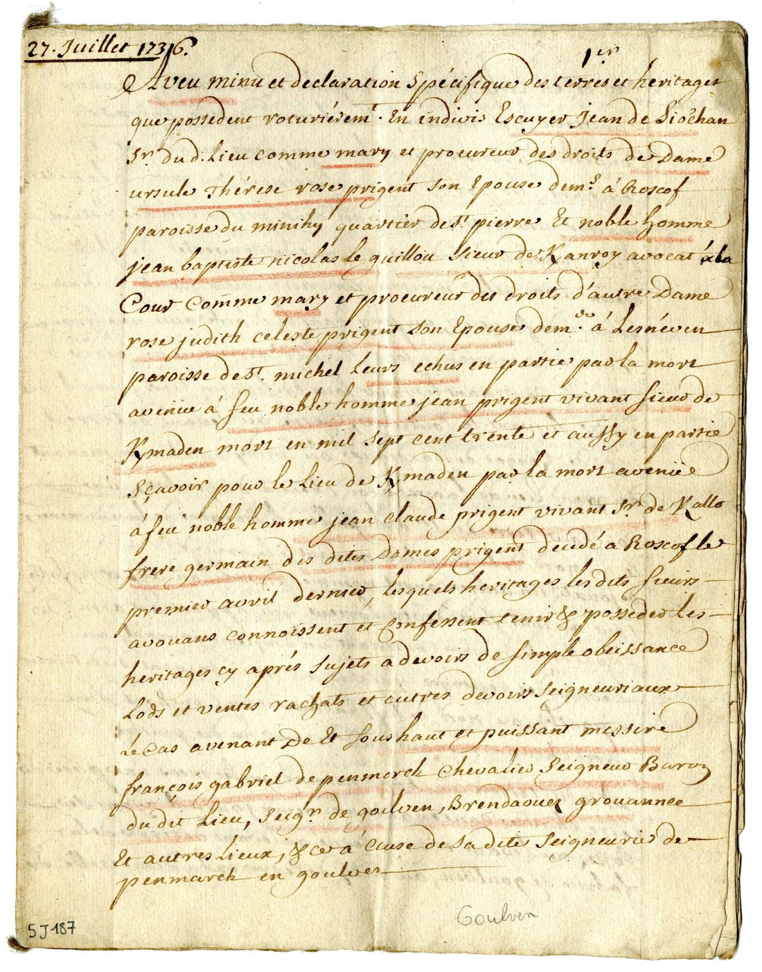 « Aveu, minu et déclaration » du 27 juillet 1736, rendu à François-Gabriel de Penmarch, baron dudit lieu — attention à l'homonyme : cette seigneurie de Penmarch est celle de Goulven, dans le Léon, pas notre commune bigoudène. Le document, retrouvé par la recherche « Penmarch », montre ce que les archives réservent comme pièges et comme trésors.