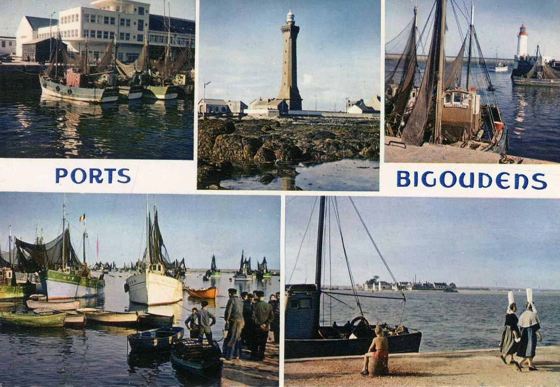 « Ports bigoudens » — carte multivues en couleurs : les thoniers, la criée de Saint-Guénolé, Eckmühl et les coiffes hautes sur la cale. Le même rivage, à l'heure de la couleur.