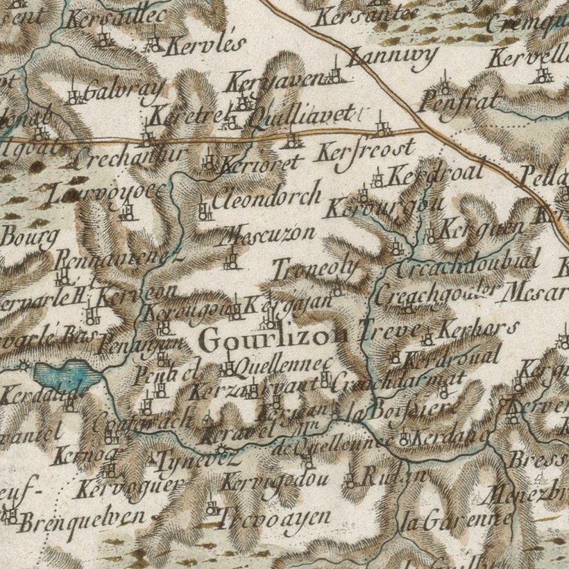 Carte de Cassini vers 1750, Gourlizon et Mescuzon